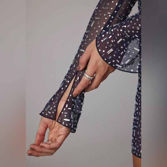 Sheer Embellished Long Sleeve A-Line Mini Dress in Navy - Picture 6 of 11